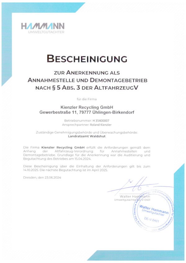Anerkennung als Annahmestelle und Demontagebetrieb 2024